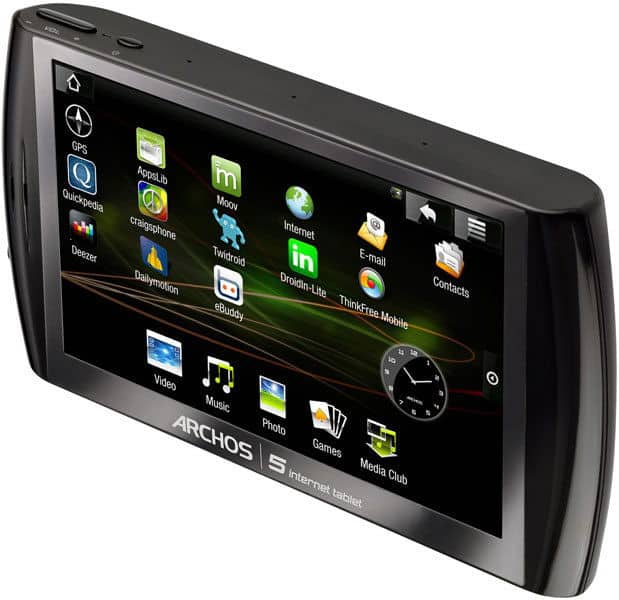 Archos 5 tablet in black, angled front view, home screen with GPS, Email, Contacts, Music, and Games app icons visible.
