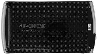 Rear view of black Archos tablet shows dotted pattern, Archos logo, product labeling, and QR code on the right side.