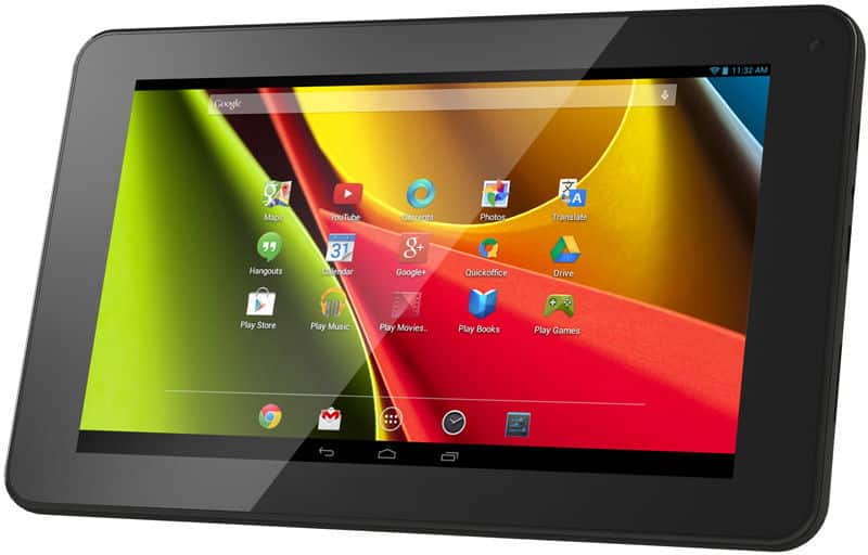 Front view of black tablet displaying Google Maps, Gmail, Chrome, YouTube icons; screen shows 11:32 AM. Brand/model not visible.