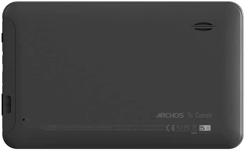 Rear view of Archos 7o Cobalt tablet with branding, model name, right-side speaker grille, and certification marks at the bottom.