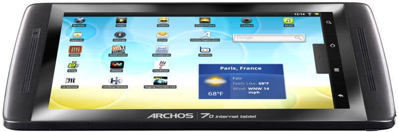 Front view of black Archos 7o tablet showing home screen with app icons and Paris weather; device on white background.