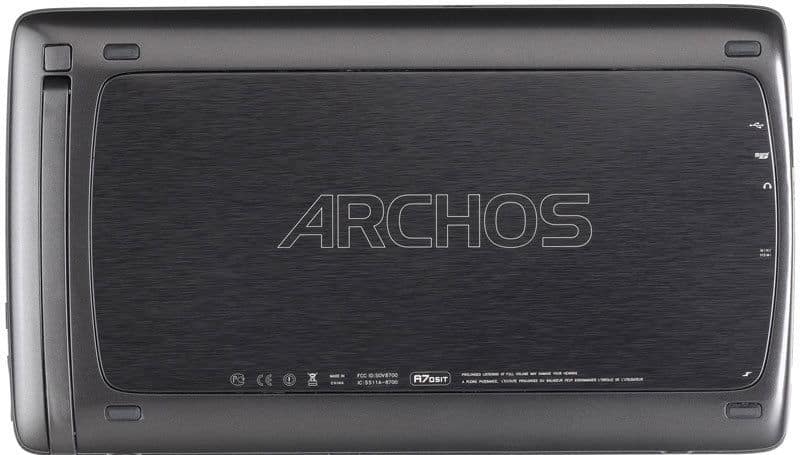 Rear view of an Archos tablet with centered Archos logo and technical details plus certification symbols along the bottom edge.