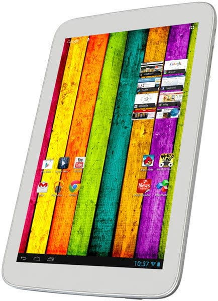 Front view of a white tablet, likely Samsung Galaxy Tab, screen on with app icons and 10:37 time against a striped background.