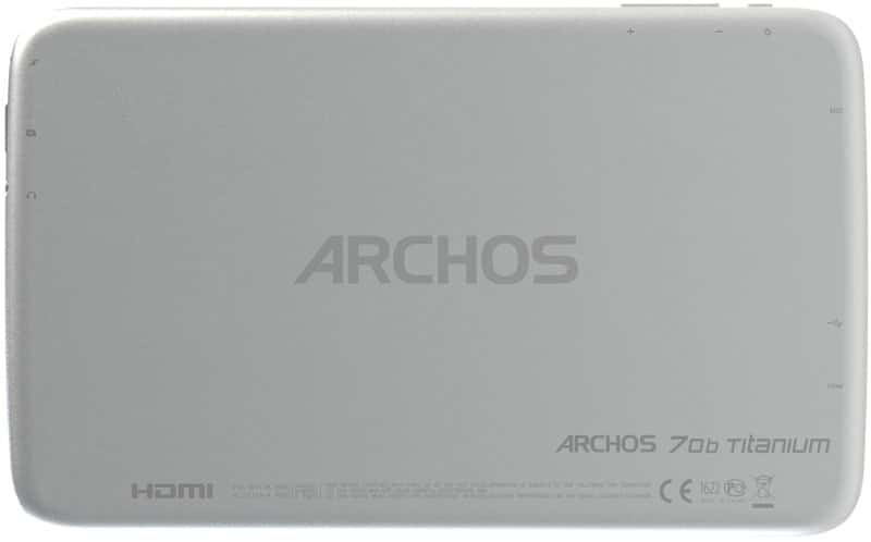 Rear view of silver Archos 70b Titanium tablet with centered Archos logo and HDMI port details at bottom right.