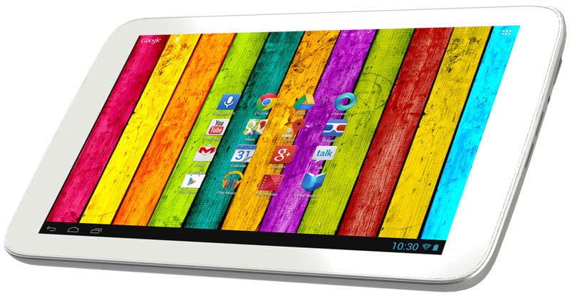 Front view of a white tablet, likely Samsung Galaxy Tab, with colorful striped wallpaper and app icons; screen shows 10:30.