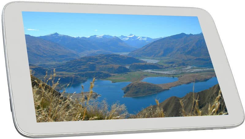 White tablet, front view, displaying a vivid landscape (mountains, lake, grass) under a blue sky; brand/model not specified.