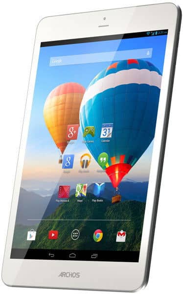 Front view of white Archos tablet displaying Android OS with app icons, widgets, and colorful hot air balloons on screen.