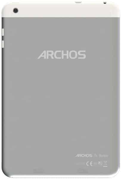 Rear view of ARCHOS 7a Xenon tablet with central logo, model info, bottom speaker grilles, and top left corner camera.