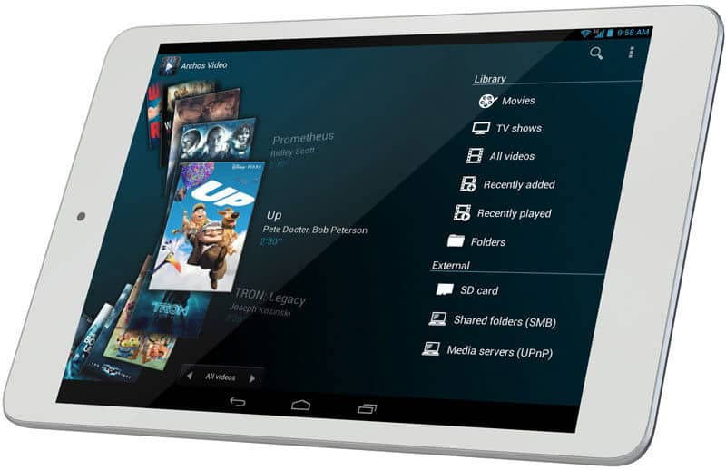 Front view of a white tablet (brand/model unspecified) showing a media library with movie thumbnails for "Prometheus" and "Up.