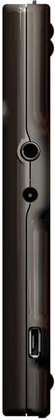 Side view of a closed black Nintendo DS Lite, highlighting the volume slider, headphone jack, and charging port.