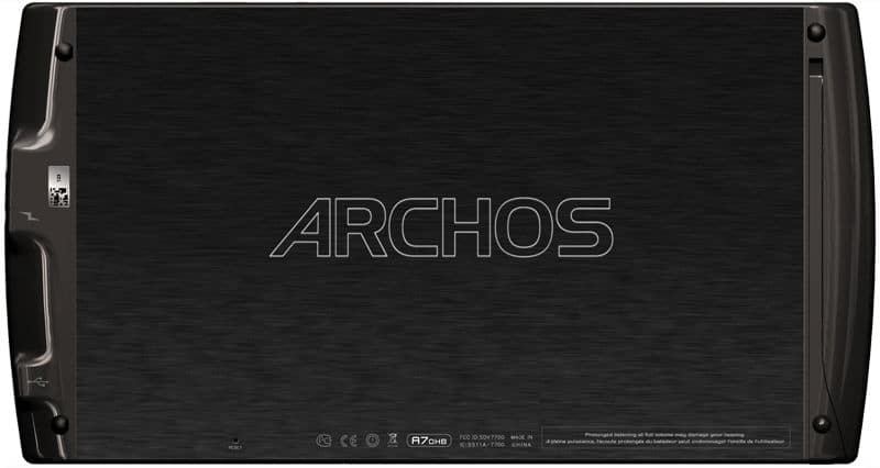Rear view of Archos tablet showing centered Archos logo and certification details along the bottom edge.
