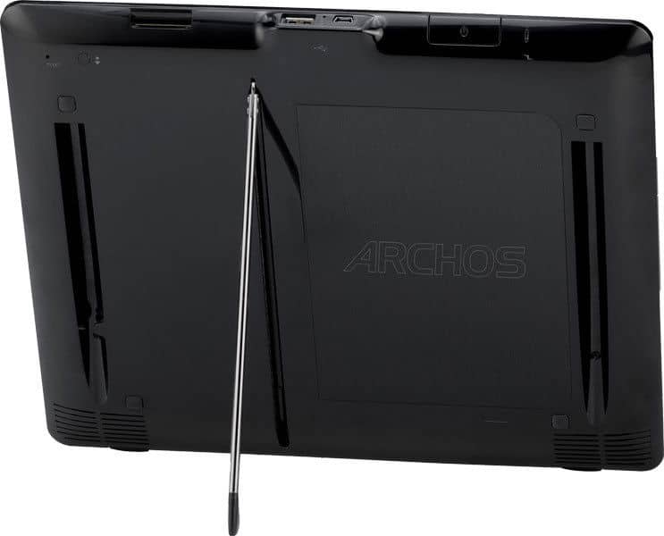 Rear view of black ARCHOS tablet with extended stand, visible ports, ventilation slots, and centered ARCHOS logo.