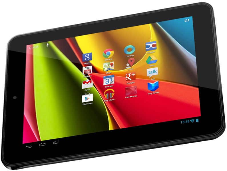Front view of a black Samsung Galaxy Tab showing vibrant home screen with Google apps and 15:38 time.
