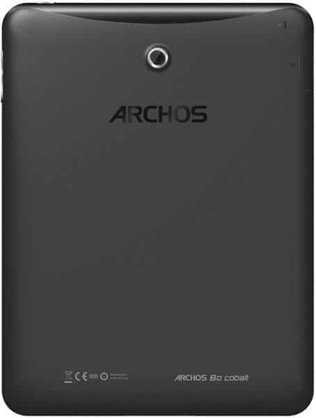 Rear view of black Archos 80 Cobalt tablet with top-center rear camera, central Archos logo, and product info at the bottom.