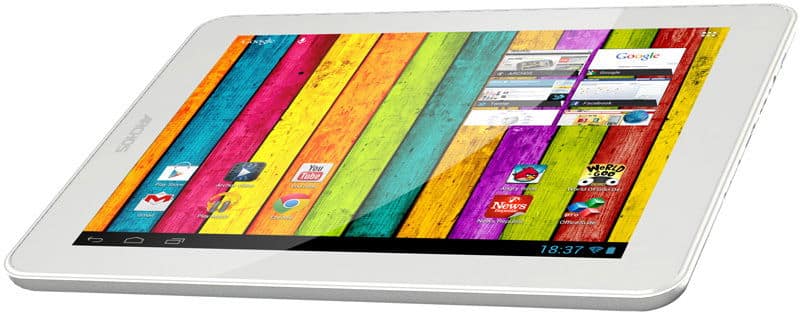 Front view of a white tablet with colorful plank wallpaper, app icons visible. Time on screen is 18:37. Brand/model unspecified.