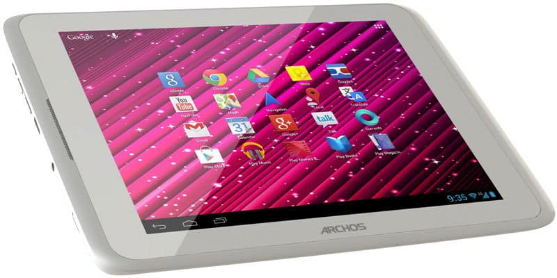 Front view of white Archos tablet showing colorful home screen with Google, Maps, YouTube, and Gmail icons on a pink background.