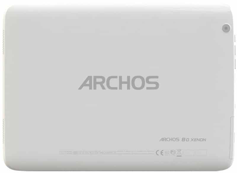 Rear view of white Archos 80 Xenon tablet with central Archos logo and product details in the lower right corner.