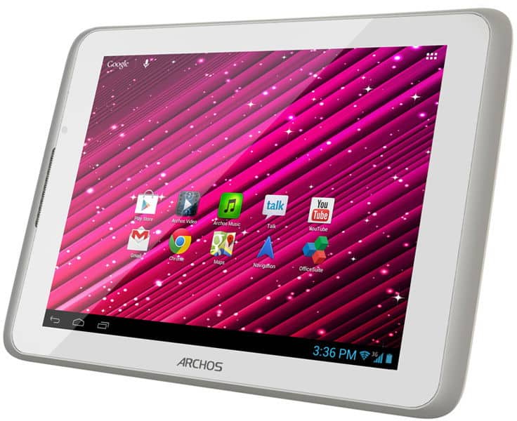 Front view of a white Archos tablet showing pink striped wallpaper, app icons, and 3:36 PM on the display.