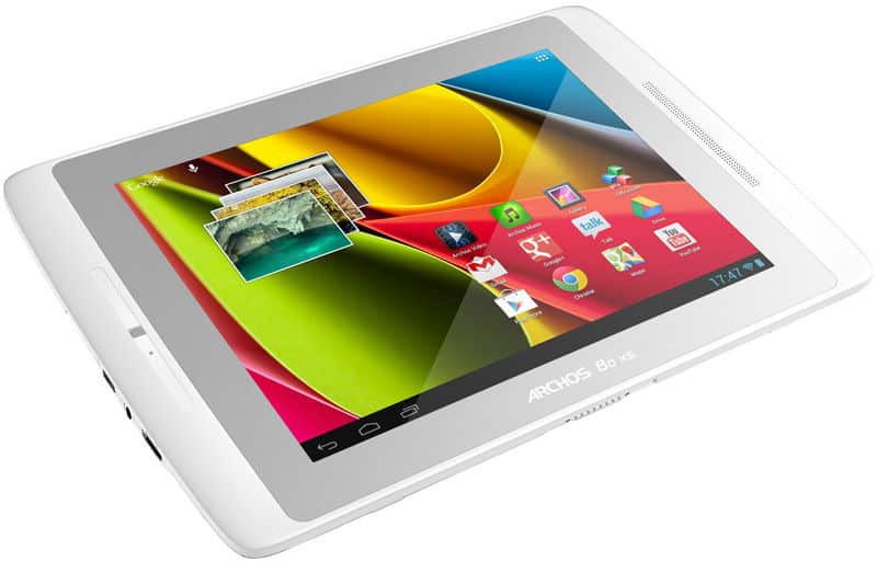 White Archos 80 tablet angled front view, displaying colorful geometric wallpaper and app icons, branding below the screen.
