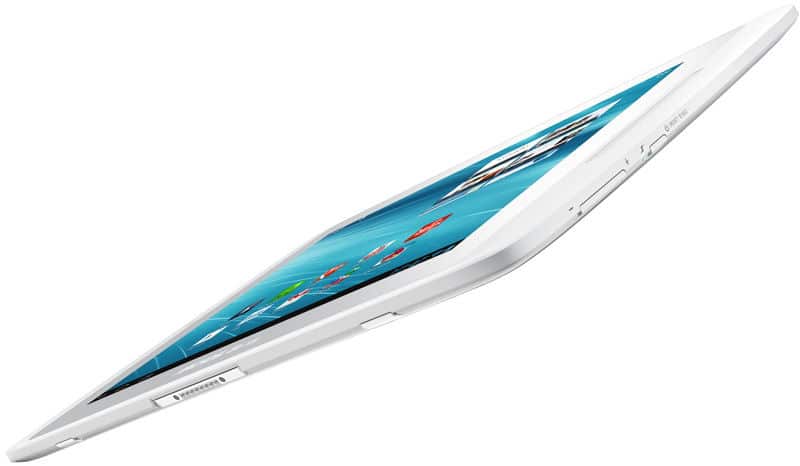 Slim white tablet, side view highlighting thin profile; display on with blue background, app icons, and widgets. Brand/model unspecified.