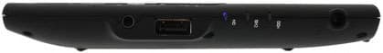 Side view of a black device featuring USB port, headphone jack, three indicator lights, and round power input.