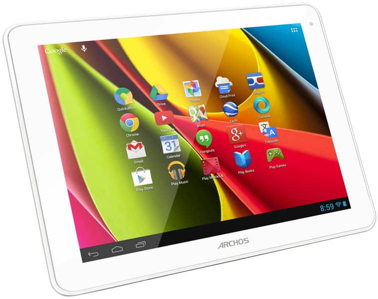 Front view of a white Archos tablet showing home screen with app icons like Gmail and YouTube; time displayed is 8:59.