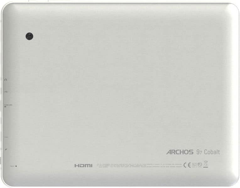 Rear view of silver Archos 97 Cobalt tablet with upper left rear camera, branding lower right, and ports along the left edge.