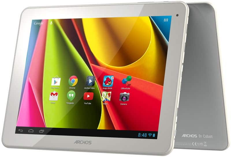 White Archos 97 Cobalt tablet shown front and back; screen displays colorful wallpaper with Gmail, Maps, Angry Birds, OfficeSuite.