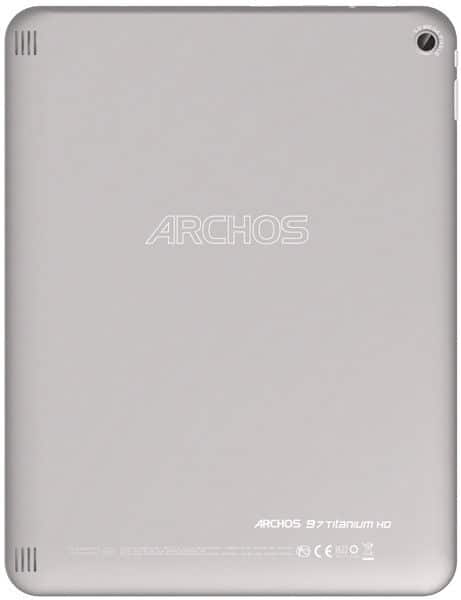 Rear view of silver Archos 97 Titanium HD tablet with centered logo, bottom model info, and top right corner camera lens.