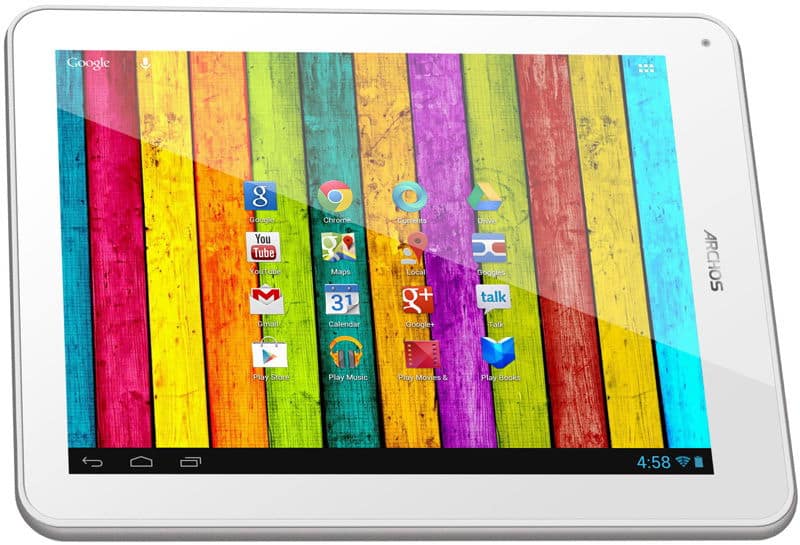 Front view of a white ARCHOS tablet showing home screen with Google, YouTube, Gmail, Play Music icons and 4:58 time display.