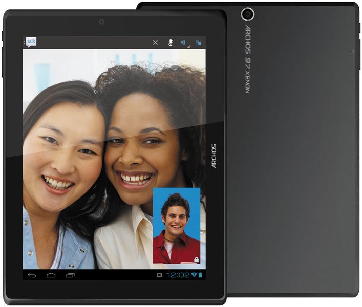 Archos S7 Xenon tablet in black showing a video call on the front; rear view of the tablet also shown.
