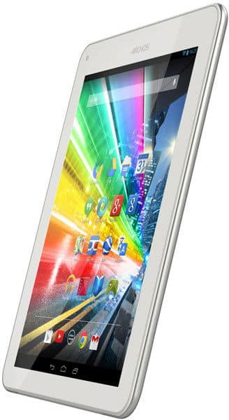 Archos tablet, angled front view, white bezel, city wallpaper on display with Google, Gmail, and YouTube app icons visible.
