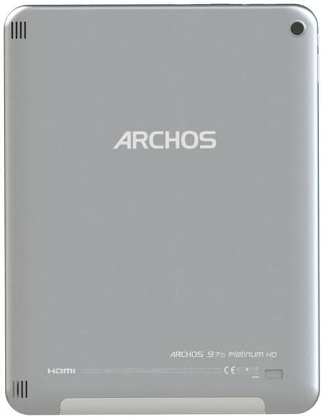 Rear view of silver Archos 97b Platinum HD tablet showing branding, model details, speaker grills, ports, and labels.
