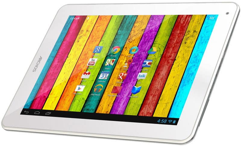Front view of a white Archos tablet showing colorful wooden plank wallpaper, app icons, and time displayed as 4:58.