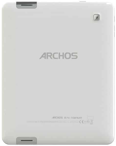 Rear view of white Archos 97b Titanium tablet with top right rear camera, centered logo, and text near the bottom edge.