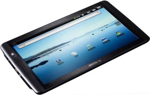 Archos 101 tablet in black, angled front view, touchscreen on with app icons and a blue water-themed home screen background.