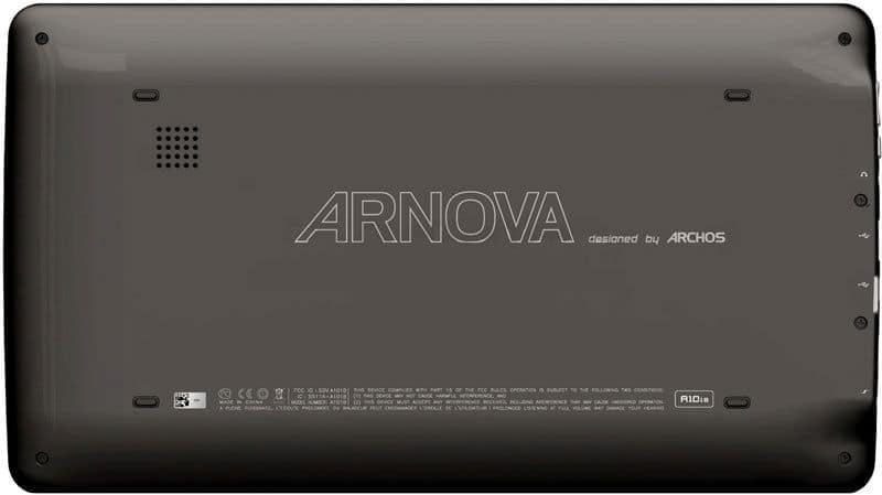 Rear view of black ARNOVA tablet by ARCHOS showing branding, specs, and multiple ports and buttons along the right edge.