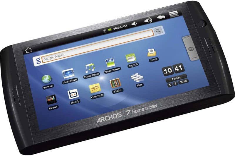 Front view of black Archos 7 home tablet showing app icons on home screen with time, date, battery, and Wi-Fi indicators.