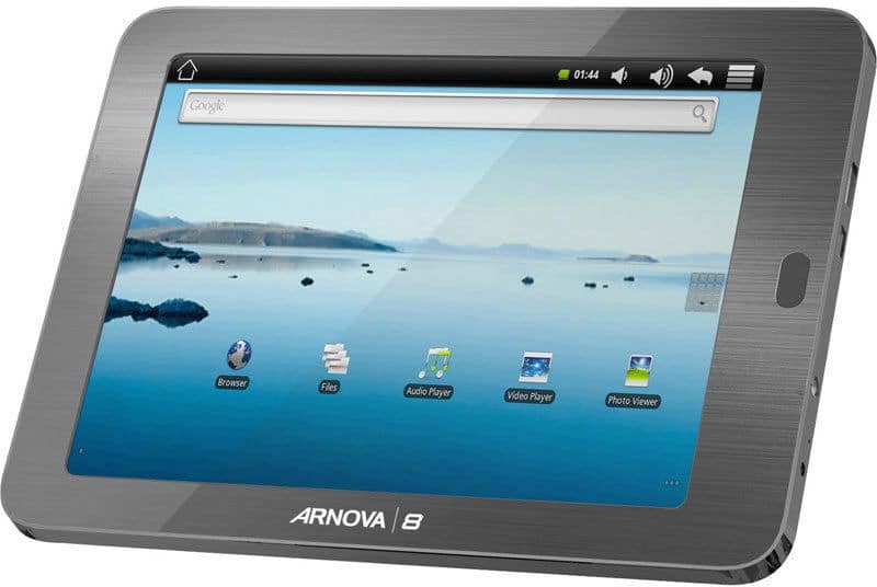 Front view of black Arnova 8 tablet showing home screen, scenic lake wallpaper, app icons, and time 01:44.