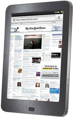 Front view of an Apple iPad displaying the New York Times homepage in a browser with articles, headlines, and address bar visible.