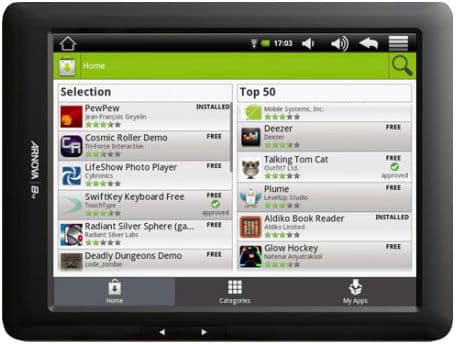 Front view of a tablet showing the Android Market home page with app icons like PewPew, Deezer, and SwiftKey Keyboard.