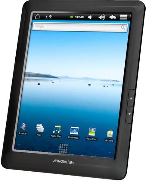 Front view of black Arnova 8 G4 tablet, screen on with blue lake wallpaper and browser, files, audio, and video app icons visible.
