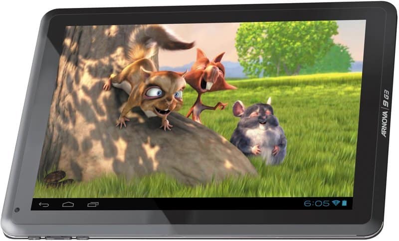 Front view of a tablet showing an animated scene with cartoon animals; screen displays 6:05. Brand and model not visible.