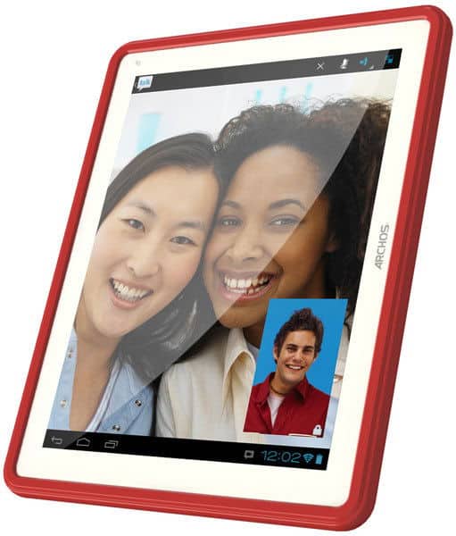 Front view of a white tablet in a red case on a video call, showing two women and an inset of a man, time displayed is 12:02.