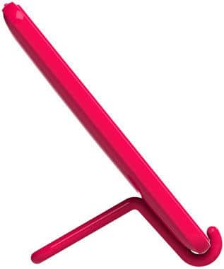 Red tablet in vertical orientation on matching stand, side view shows one leg forward and one back for support.