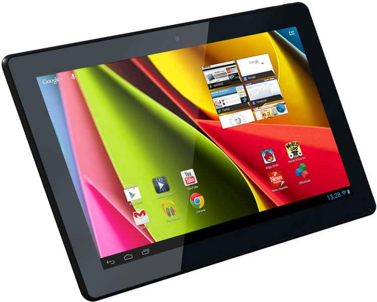 Huawei Premia 4G tablet, front angled view, screen on with colorful wallpaper and app icons like Gmail, Chrome, Maps, YouTube.