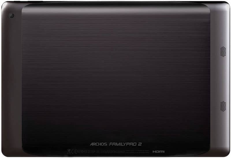 Rear view of black Archos FamilyPad 2 tablet with brushed metal finish, right-edge speaker grilles, and center branding.
