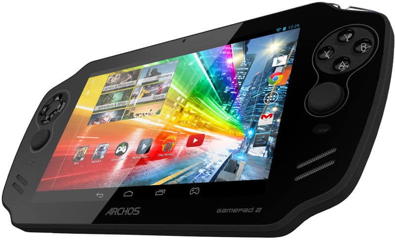 Front view of black Archos GamePad 2 showing touchscreen with app icons and physical controls on both sides.