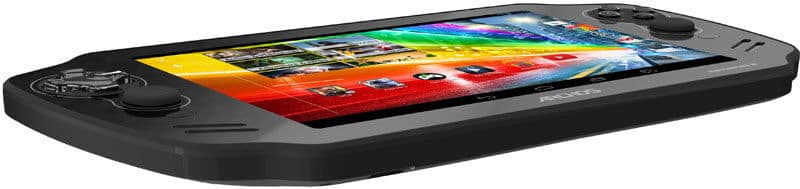 Front view of a handheld gaming console with widescreen display, colorful interface, buttons and analog sticks on both sides.