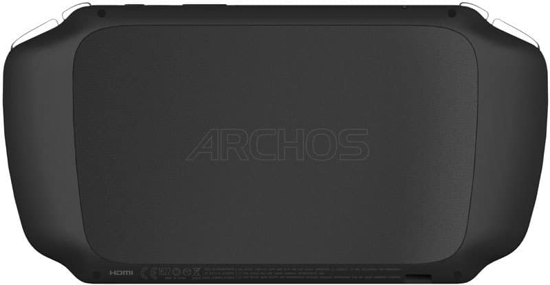 Rear view of ARCHOS device in matte black, brand name centered, rounded edges, and text near the bottom edge.